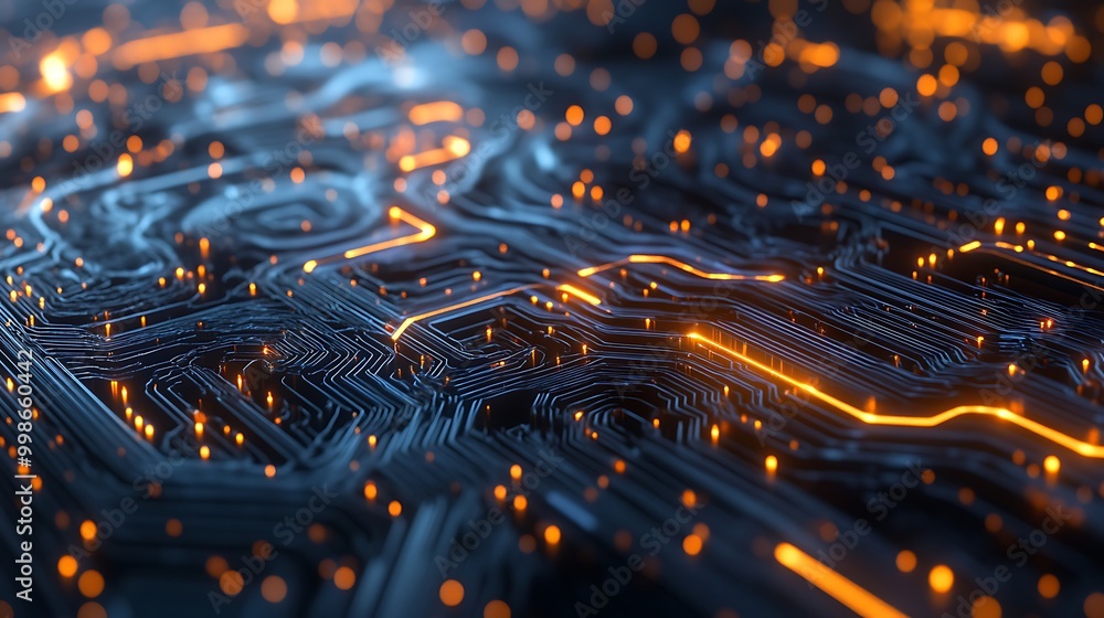 Aufkleber a circuit board glows with orange lines, tracing a map of the future.