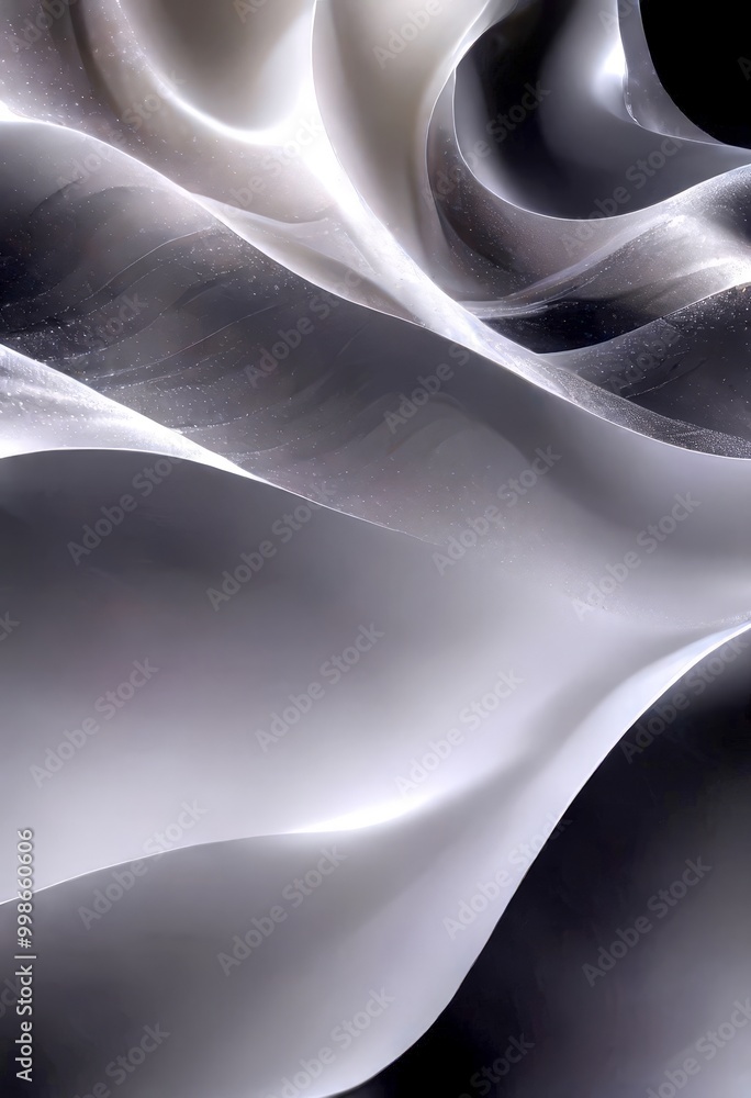 Poster a close-up view flowing, abstract pattern of white and gray lines and curves, creating a sense of mo
