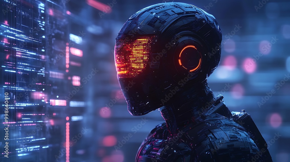 Poster a cyborg robot stands against a backdrop of swirling digital code.