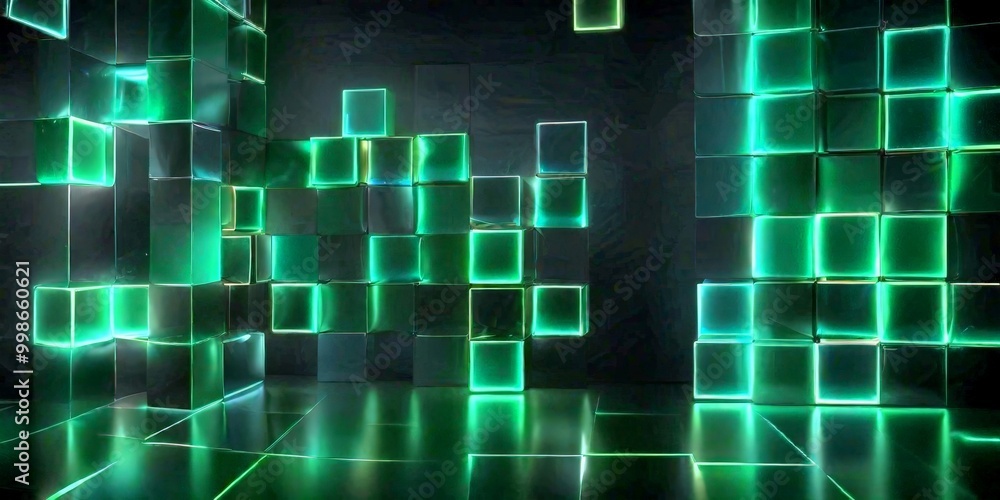 Fototapete a room with a grid-like pattern of glowing green cubes, creating a visually striking and futuristic atmosphere