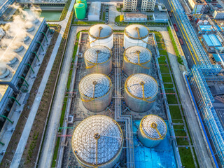 Aerial view of oil tanks at industrial chemical plant