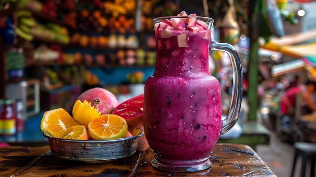 Traditional Peruvian chicha morada served in a pitcher, the deep purple drink filled with chunks of fruit. The pitcher is placed on a wooden table with a backdrop of a vibrant Peruvian market, 