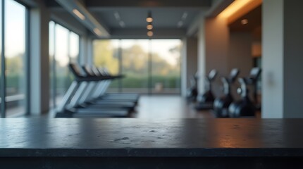 Empty Countertop in Modern Gym with Blurred Treadmills