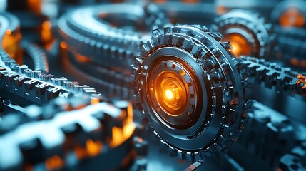 A glowing metal gear spins in an intricate abstract mechanism.