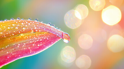 Close-up of a colorful leaf with raindrops, featuring a blurred bokeh background with soft pastel hues
