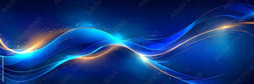 Poster a dynamic abstract composition of blue and orange lines and shapes, creating a sense of movement and energy