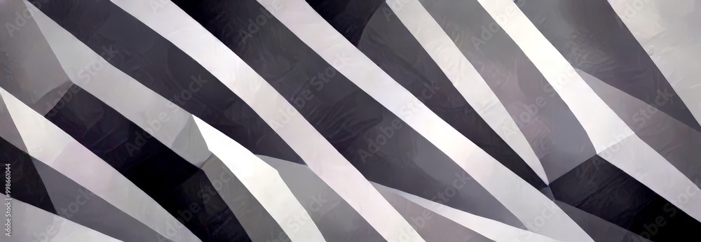 Poster a geometric pattern composed of intersecting diagonal lines in shades of gray and white, creating a sense of depth and movement