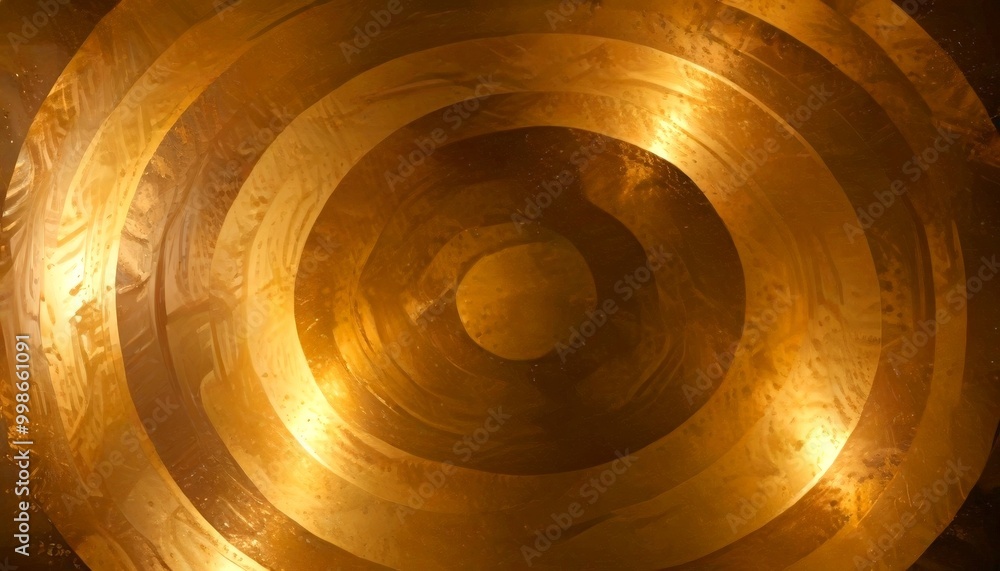 Poster a circular pattern with concentric circles of varying sizes and a central circle, all in a golden color The background is dark, creating a contrast that highlights the