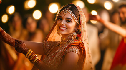 beautiful Indian woman in traditional dress dancing at a wedding.