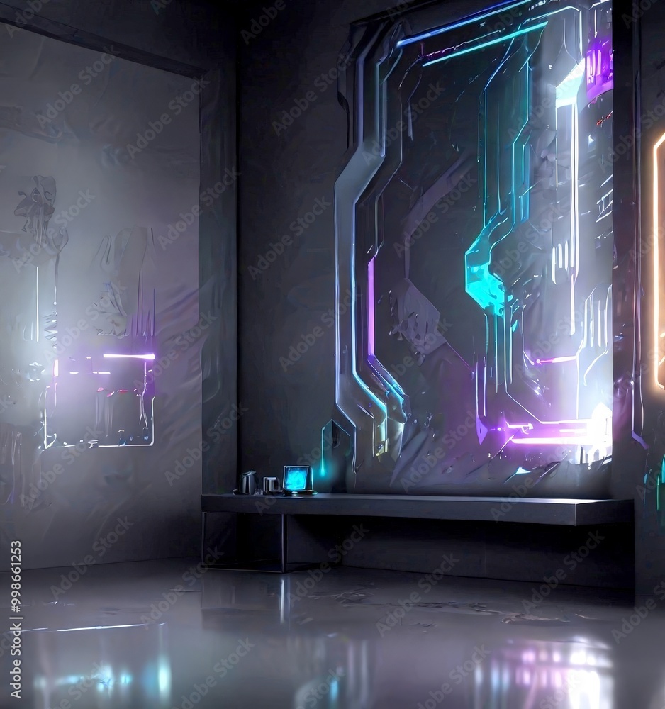 Poster a futuristic room with a large, abstract, and colorful display on the wall, featuring a mix of purpl