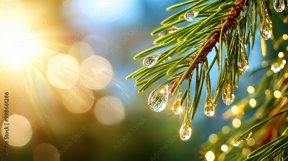Poster close-up of pine needles adorned with water droplets, illuminated by sunlight, creating a sparkling 