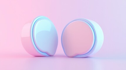 Fototapeta premium Two 3D speech bubbles in pink and blue with a holographic effect on a pink background.