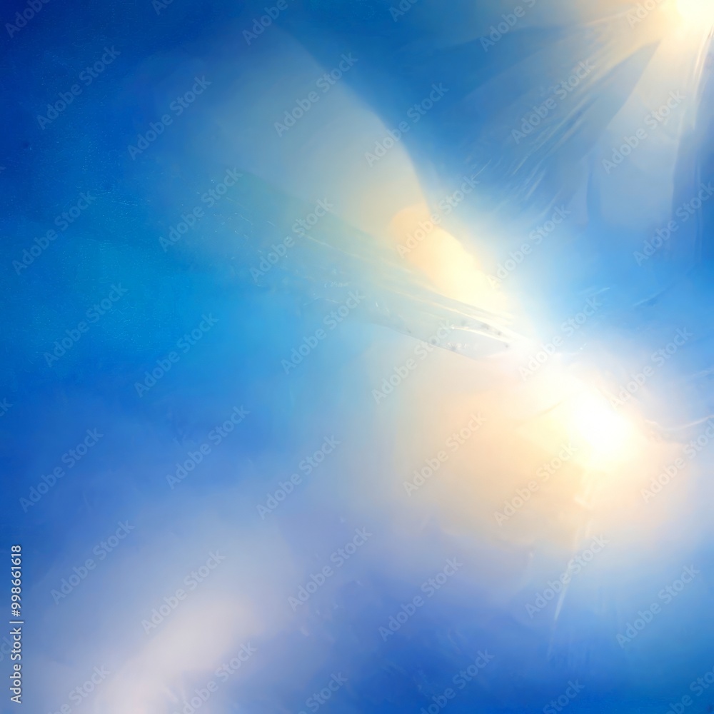 Poster a serene sky with a gradient of blue and white hues, featuring a sunburst effect and a small airplan