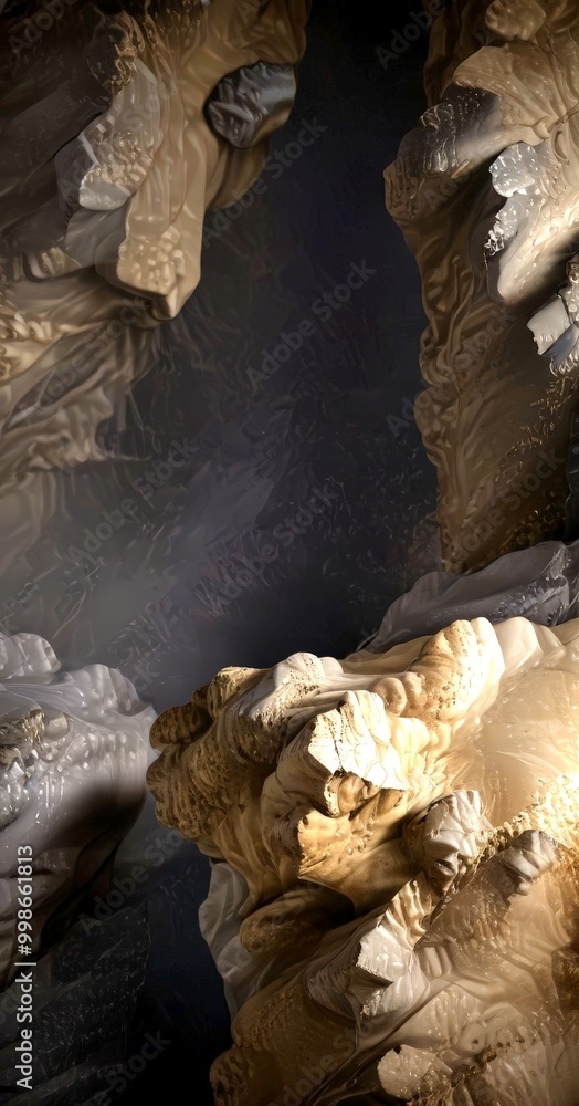 Aufkleber a dark, moody scene with a central, abstract, and textured object resembling a rock formation or a sculpture The background is a gradient of light and dark colors, creating