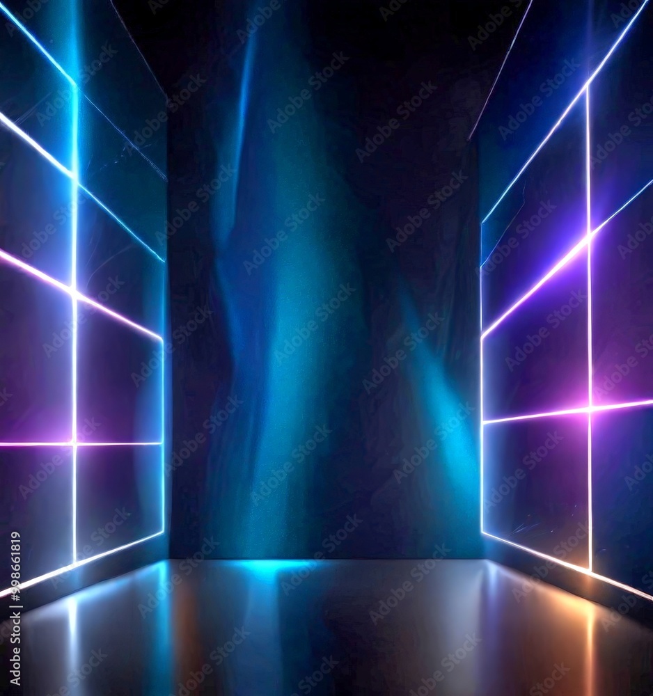 Poster a futuristic, neon-lit room with a dark background, featuring a large central structure flanked by t