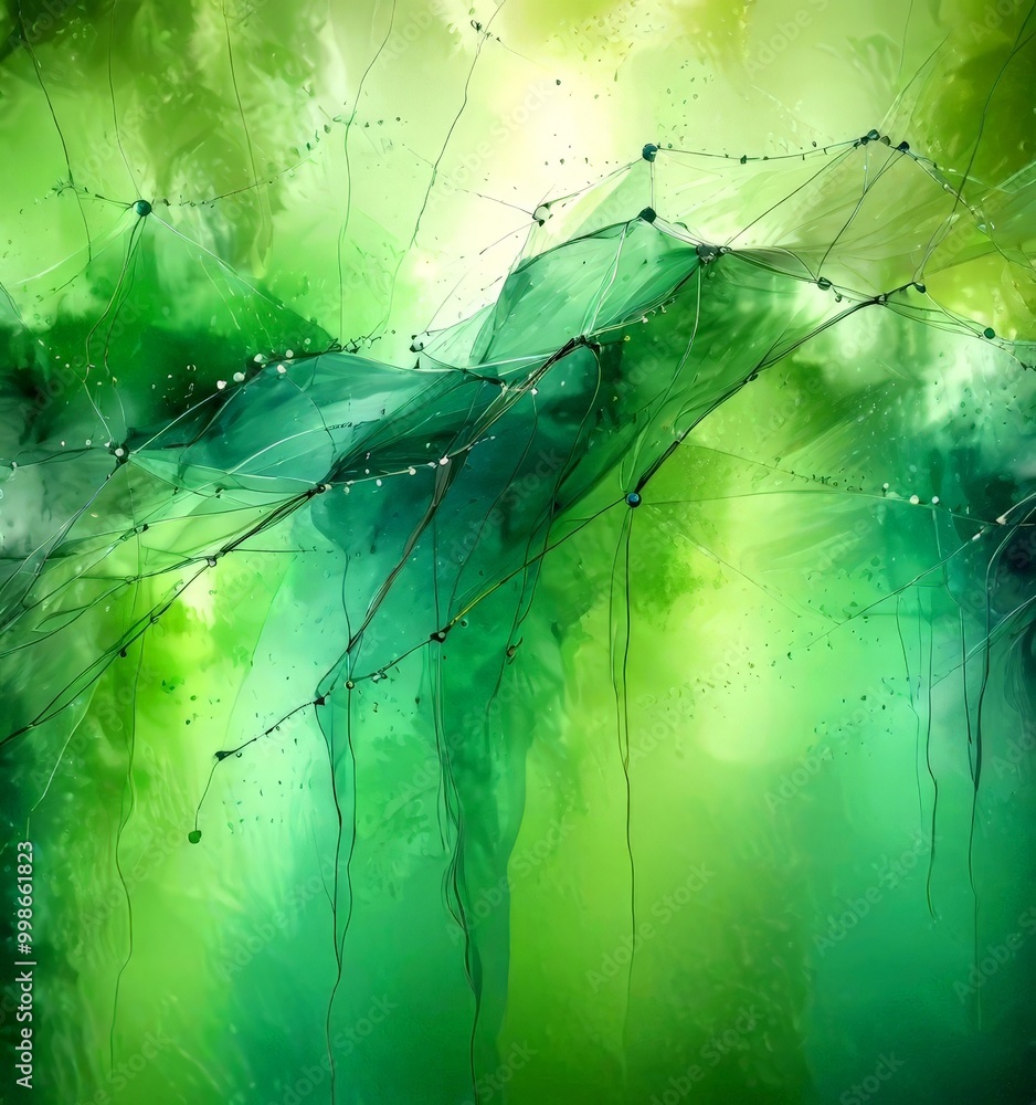 Poster a digital artwork featuring a vibrant abstract composition of green and blue hues, with water drople