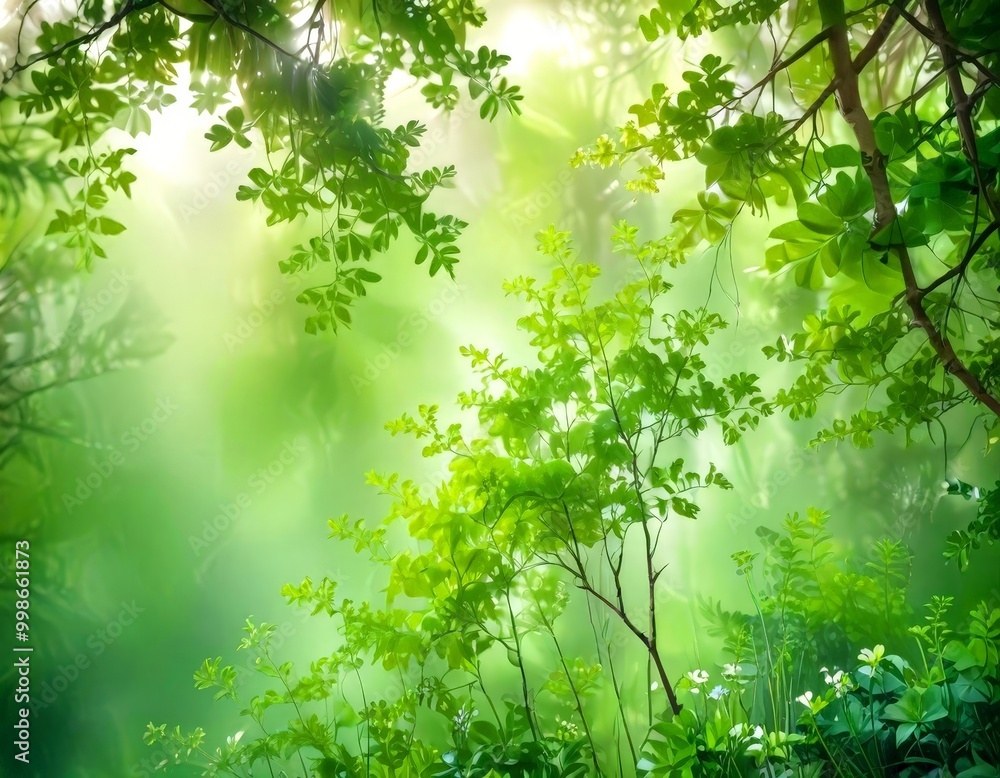 Poster a lush, verdant forest scene with sunlight filtering through the dense foliage, creating a serene and tranquil atmosphere