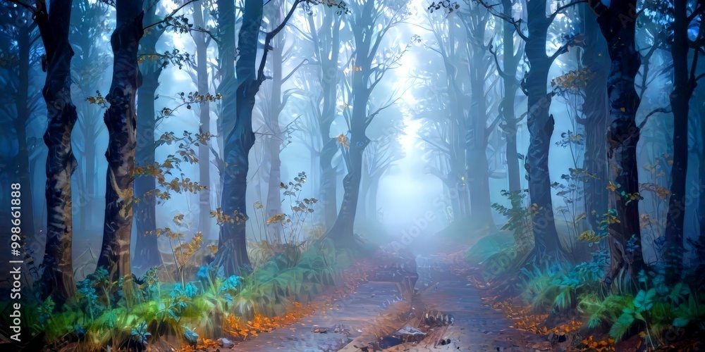 Poster a misty forest path, lined with trees and foliage, leads the viewer's eye deeper into the mysterious