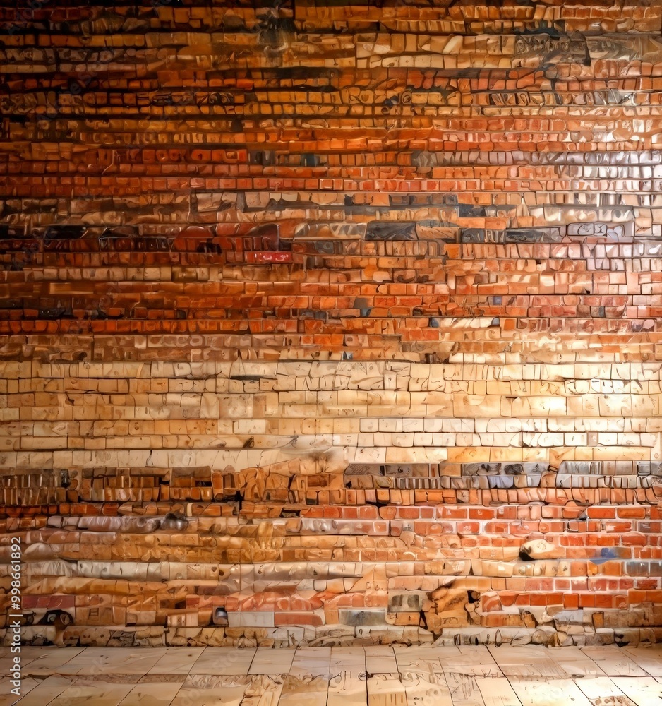 Poster a brick wall with a textured surface, featuring a variety of red, brown, and beige bricks arranged i
