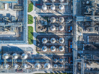Aerial view of oil tanks at industrial chemical plant