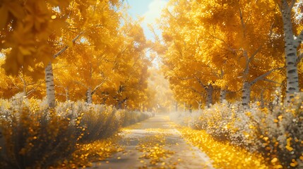 Serene pathway flanked by trees with golden yellow leaves,leading to a peaceful autumn view.