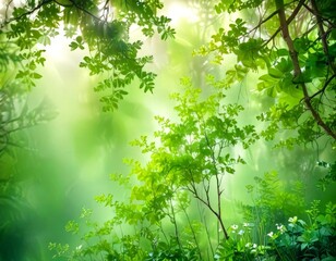 Obraz premium a lush, verdant forest scene with sunlight filtering through the dense foliage, creating a serene and tranquil atmosphere