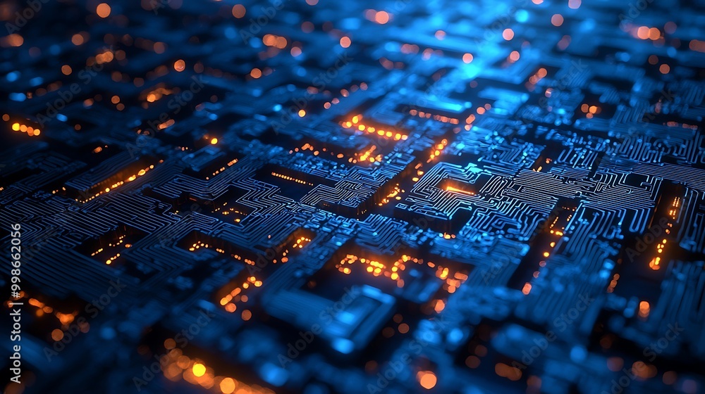Poster a circuit board glows with orange lines, tracing the pathways of innovation.