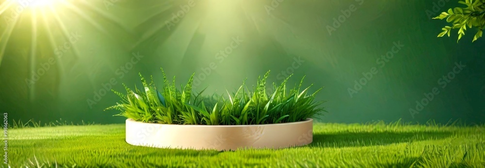 Poster A circular white planter filled with lush green grass sits on a grassy field, with sunlight filtering through the leaves tree in the background