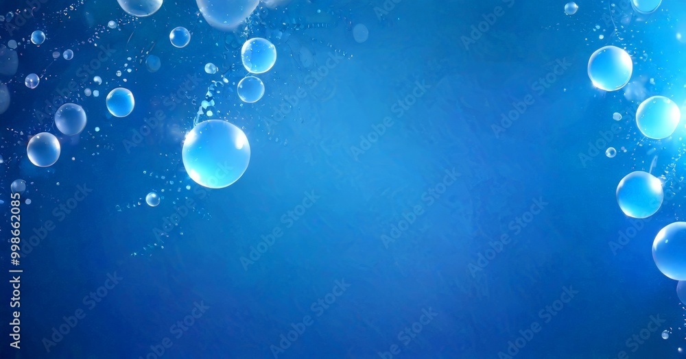 Poster a blue background with numerous transparent bubbles scattered throughout, creating a sense of movement and fluidity