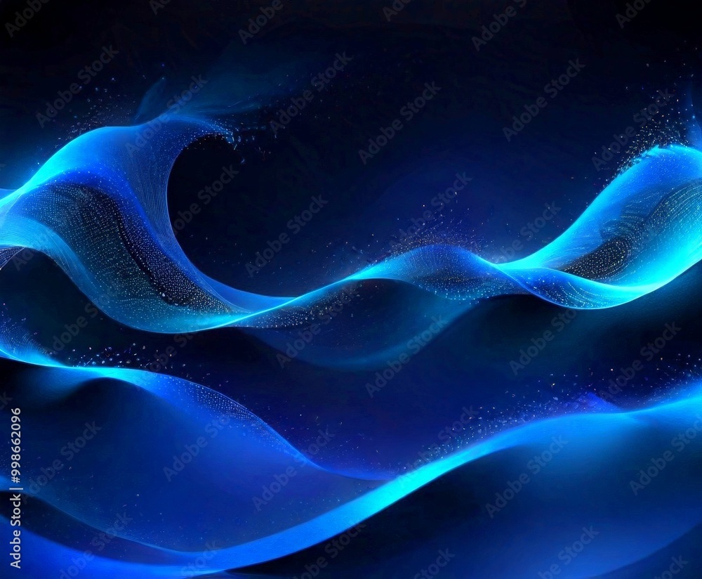 Poster a digital illustration wave-like pattern in shades of blue, with a dark background and scattered whi