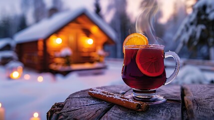 Traditional Finnish gl&ouml;gi mulled wine steaming in a glass mug, with a cinnamon stick and orange slice floating on top. The mug is set on a wooden table with a cozy, wintery Finnish cabin in 