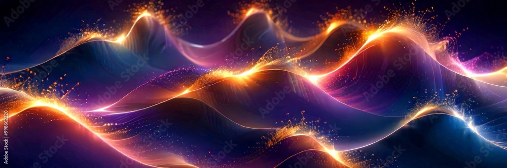 Poster a vibrant, abstract representation wave-like pattern, with a gradient of colors transitioning from warm to cool tones The wave-like shape is composed series
