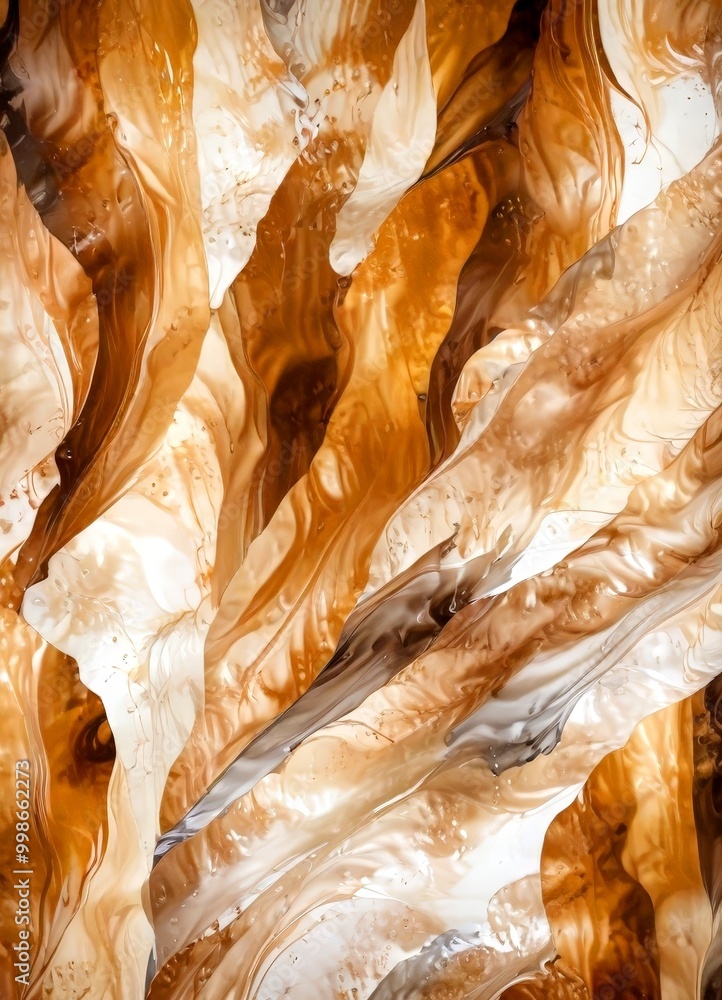 Poster a close-up view textured surface with a pattern of overlapping, curved lines in various shades of brown, beige, and white, creating a sense of depth and movement