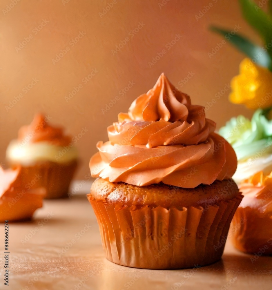 Aufkleber a close-up cupcake with a swirl of orange frosting on top, set against a blurred background of other