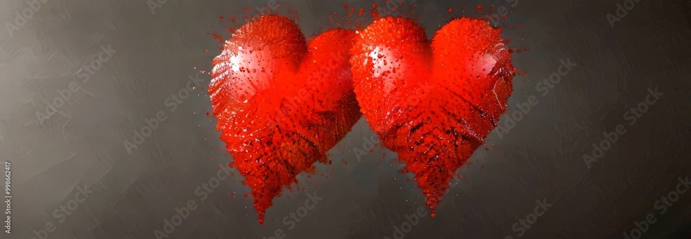 Aufkleber Two red hearts with a textured surface are floating against a dark background, creating a sense of movement and energy