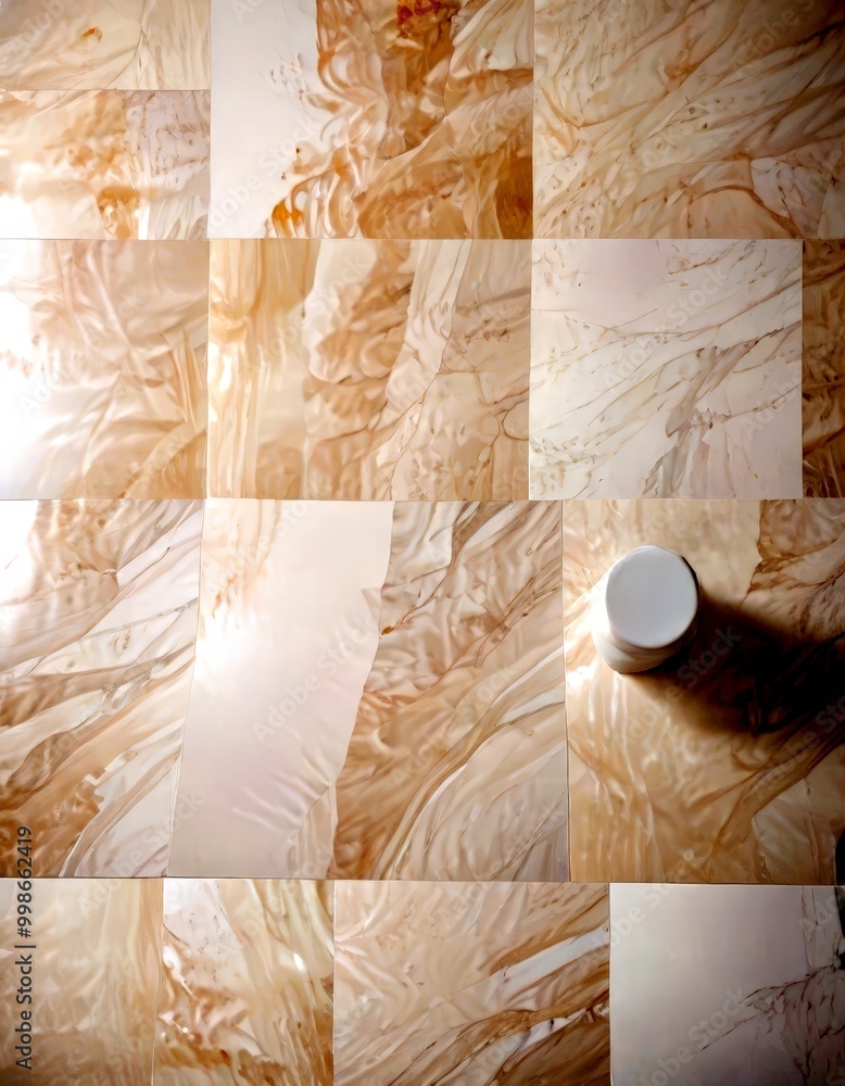 Poster a close-up view marble floor composed of small square tiles, with a white cylindrical object placed 