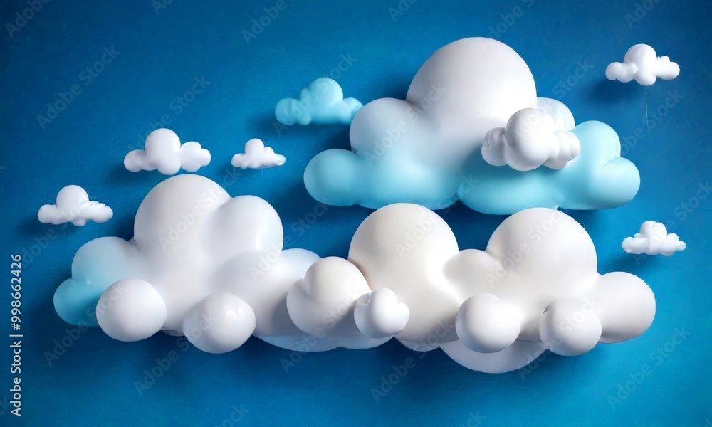Poster three white clouds with blue outlines are arranged in a row against a blue background