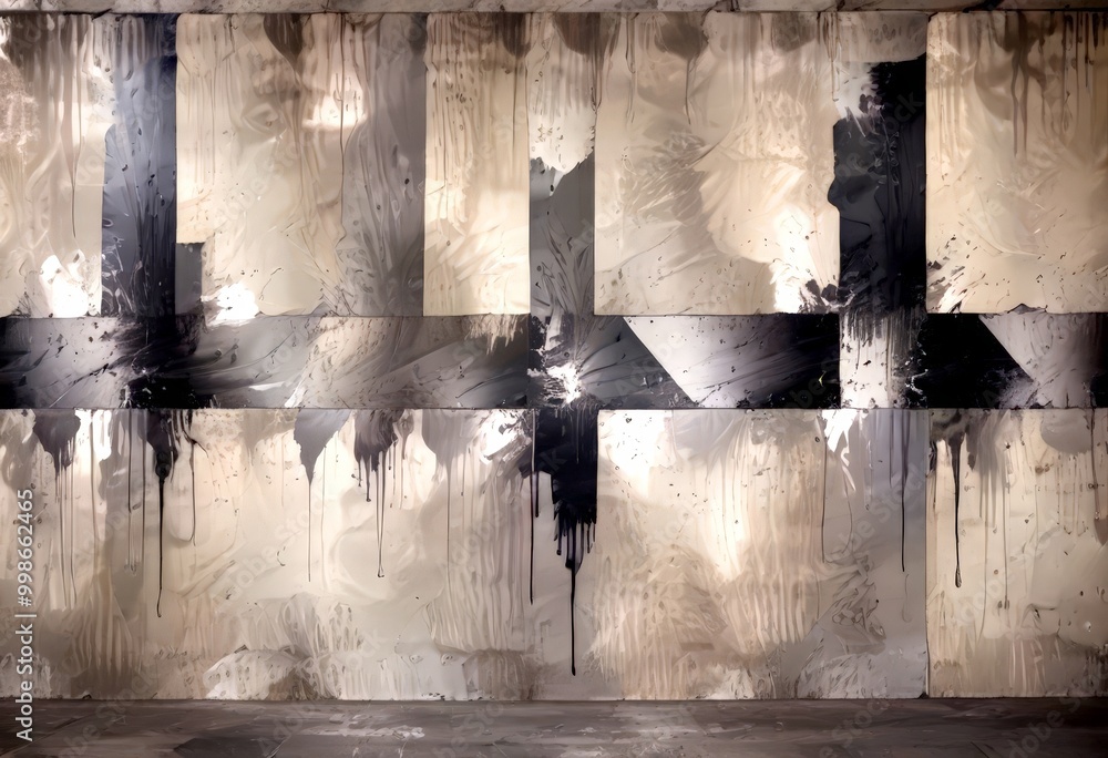 Poster a large abstract painting on a concrete wall, featuring a grid-like pattern of vertical and horizontal lines in black and white