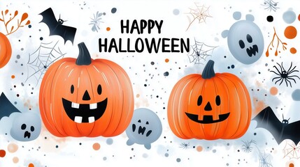 Playful Halloween Scene with Pumpkins and Ghosts, set against a light background. Suitable for banners, greeting cards, posters.