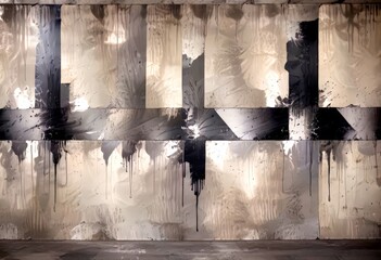 a large abstract painting on a concrete wall, featuring a grid-like pattern of vertical and horizontal lines in black and white