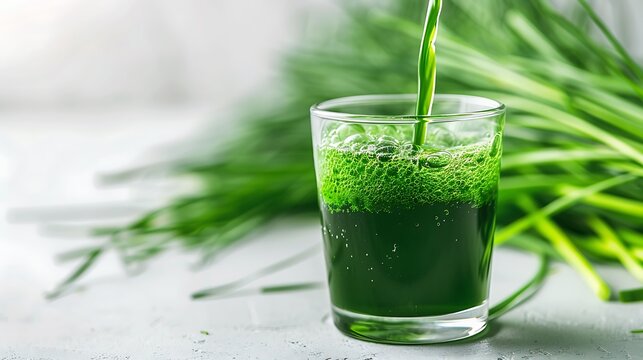 Fresh wheatgrass juice being extracted, the vivid green liquid pouring into a small glass. The glass is set on a white countertop with a backdrop of fresh wheatgrass, 