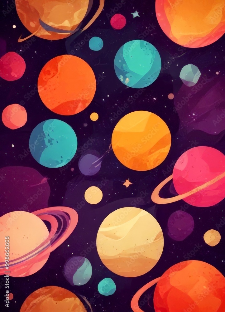 Aufkleber a vibrant, abstract representation solar system, featuring a variety of planets in different colors and sizes against a dark background with stars