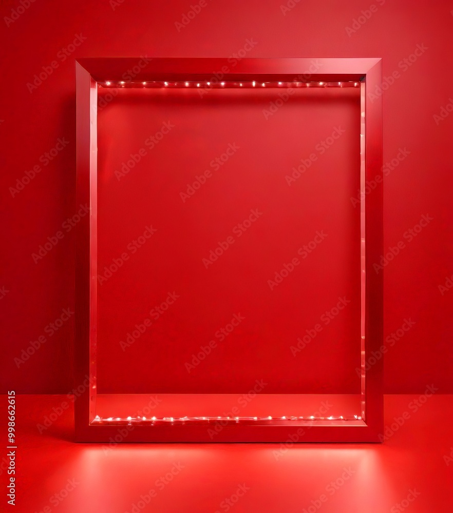 Poster A red-framed picture frame with a string of lights along the top edge, set against a red background