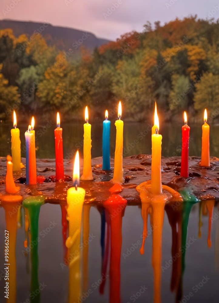 Poster a collection of lit candles in various colors, arranged in a row, casts a warm glow on a dark surfac