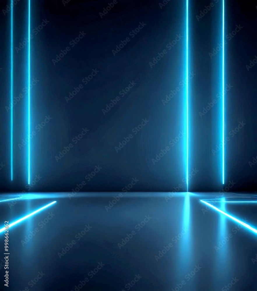 Poster A dark room with a minimalist design, featuring a minimalist floor and walls, and three vertical blue lines that create a sense of depth and perspective