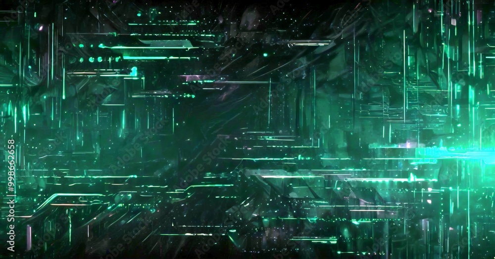 Poster a digital illustration featuring a complex network of lines and dots in shades of green and black, creating a futuristic and abstract visual effect