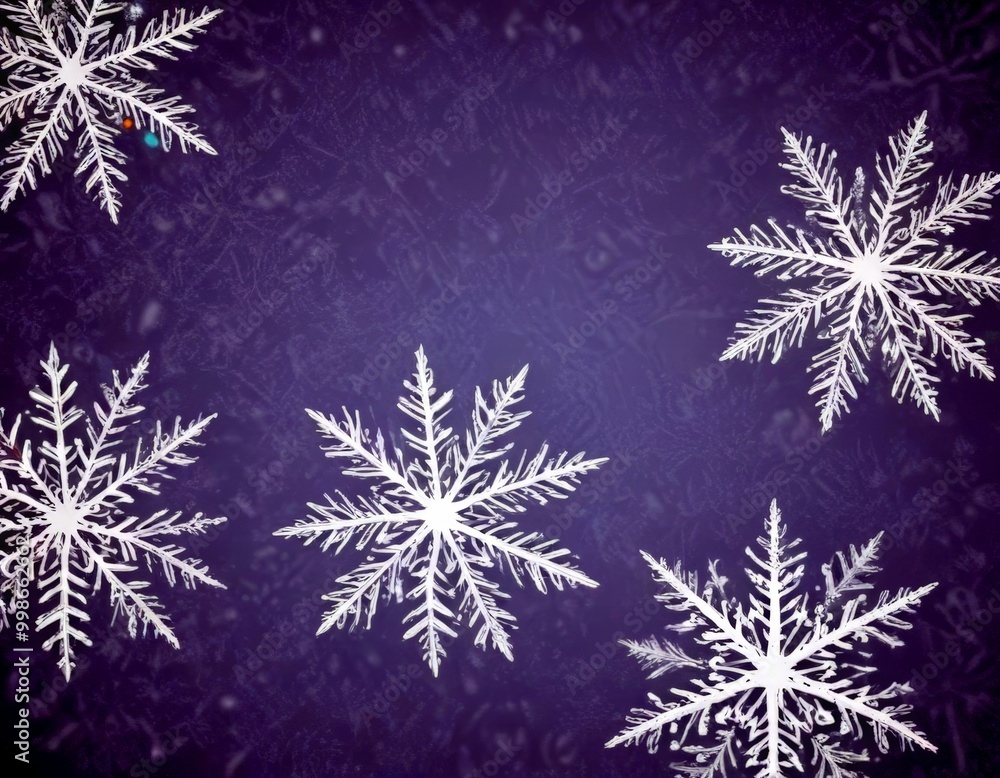 Poster a collection of five white snowflakes against a purple background, each with intricate and delicate 