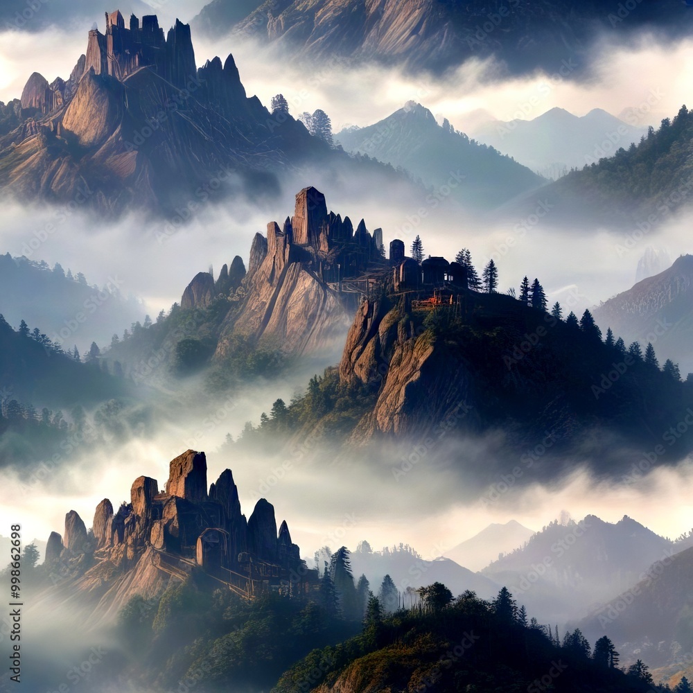 Aufkleber a majestic mountain range shrouded in mist, with a castle-like structure perched atop one of the pea
