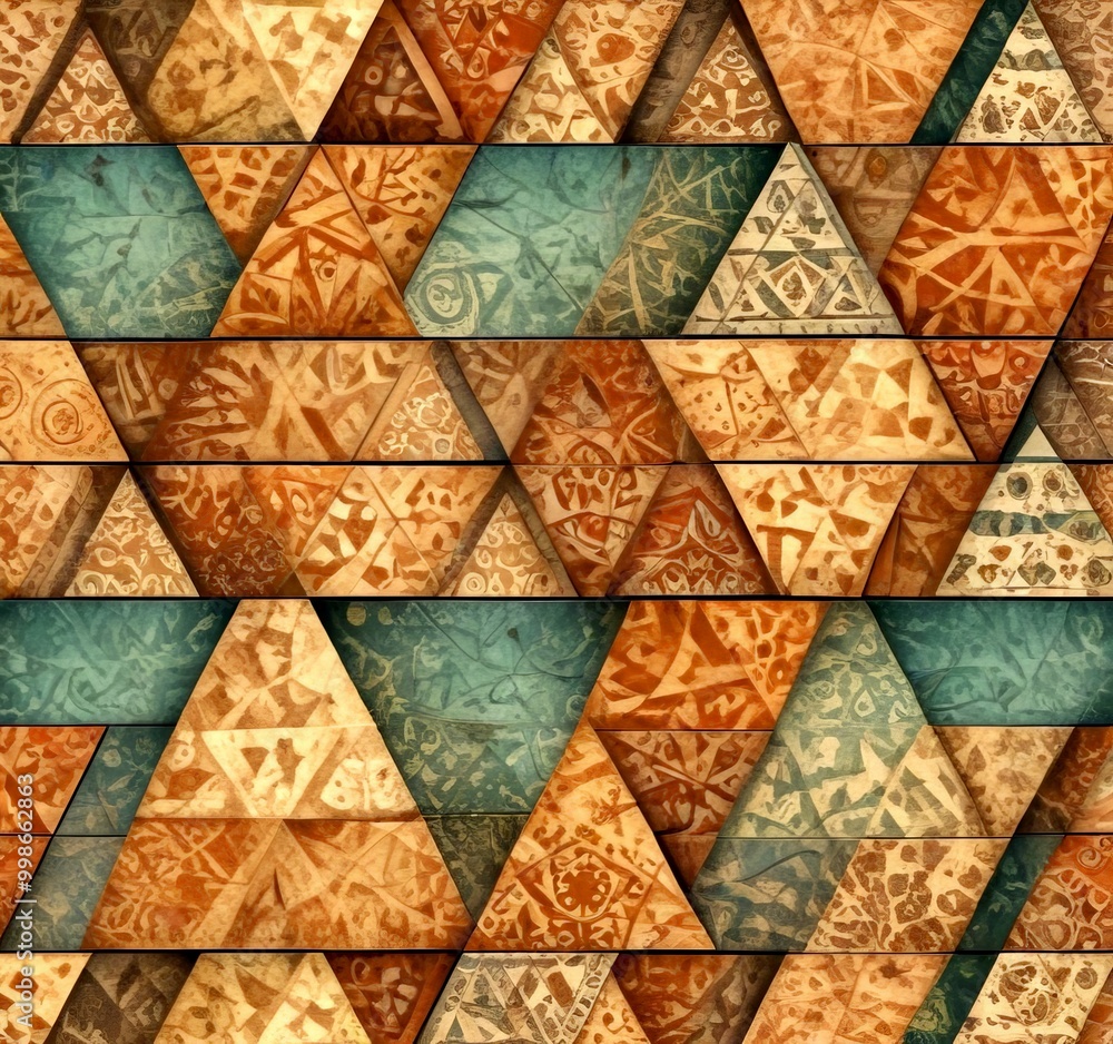 Poster a repeating pattern of overlapping triangular shapes in various shades of brown, beige, and green, creating a visually striking and textured design