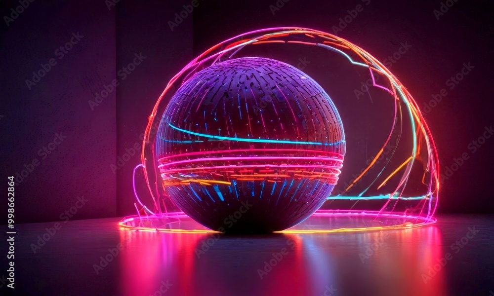 Fototapete A spherical object with a textured surface is illuminated by a vibrant array of neon lights, creating a dynamic and visually striking scene